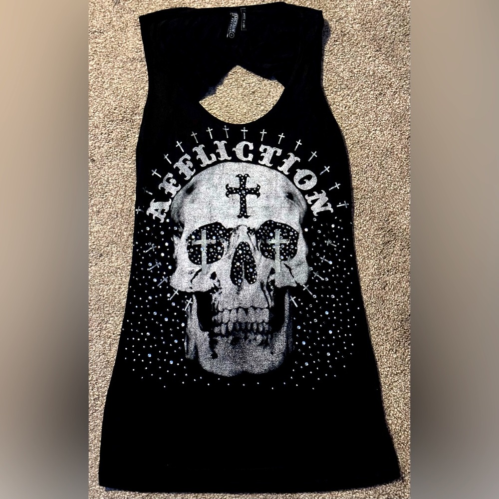 Black Premium Affliction open back bling skull tank top